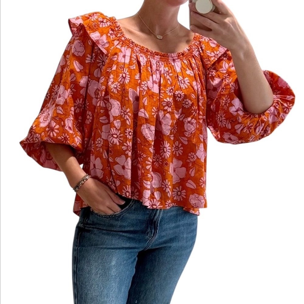 Free People Miss Daisy Heat Wave Orange and Pink Floral Blouse